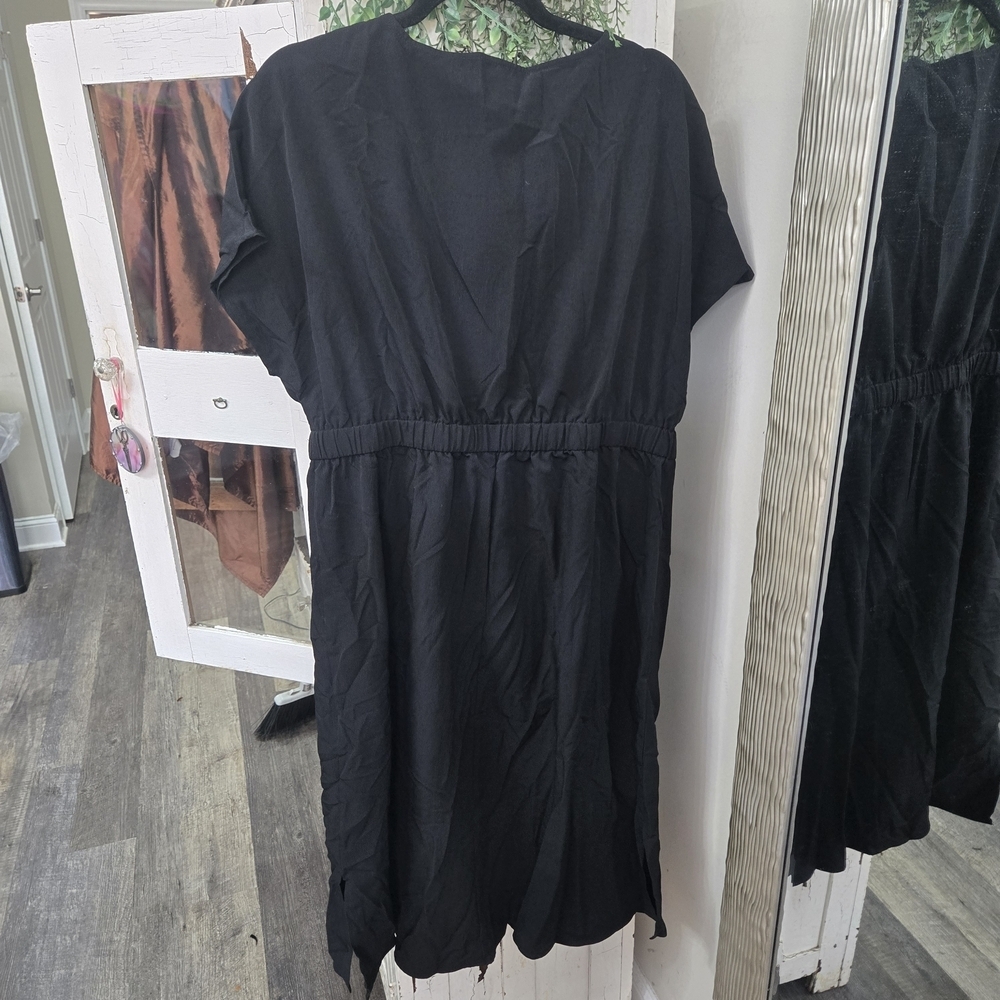 XL Black Midi Dress with Buttons Elastic Waist Goth Grunge Minimalist - Picture 2 of 4